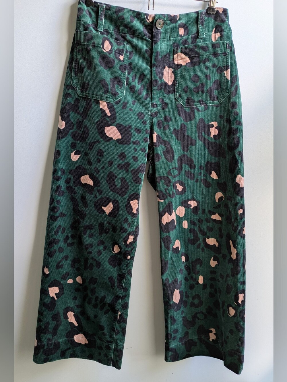 Maeve " The Colette" Green Leopard Corduroy Wide Leg Cropped Pants Size 28 - Picture 4 of 11